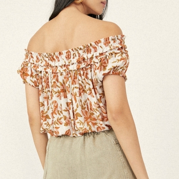 Free People Suki  Blouse Ivory Floral Size Small Billowy Boho Cream Terracotta - Picture 2 of 16
